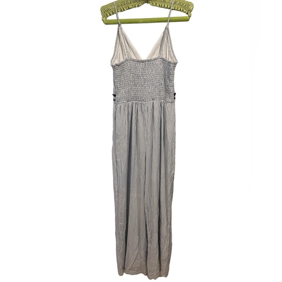 Japna Blue White Pin Striped Embroidered Empire Waist Wide Leg Casual Jumpsuit - Picture 5 of 7